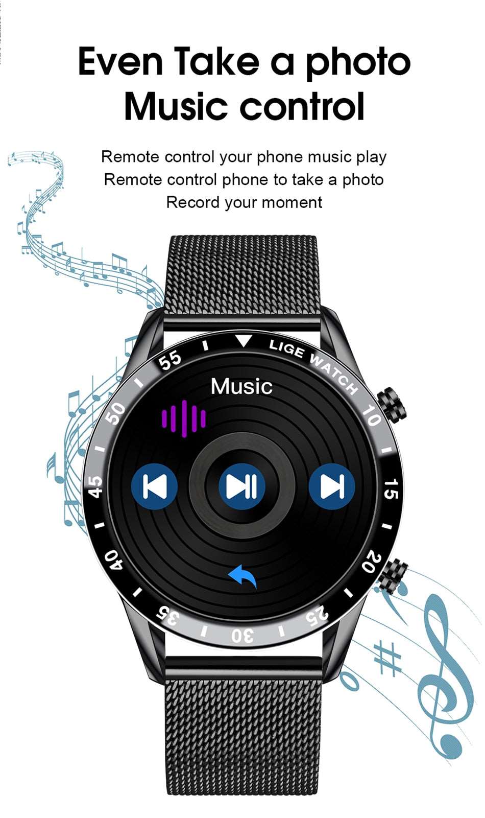 LIGE Luxury Mens Smart Watch with Remote Phone Control