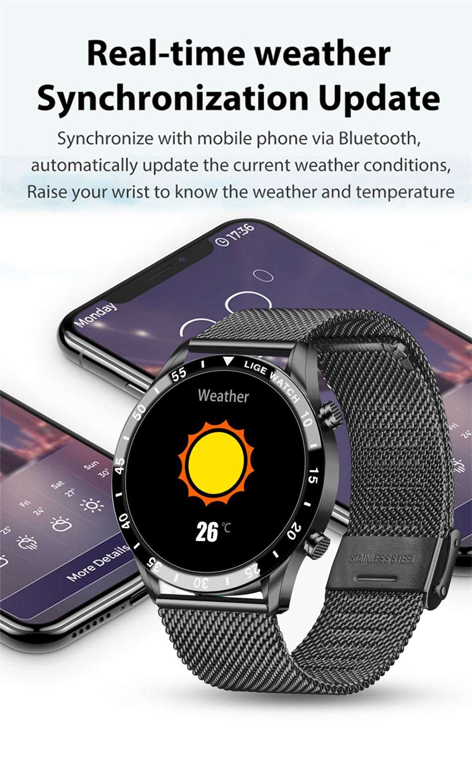 LIGE Luxury Mens Smart Watch with Remote Phone Control