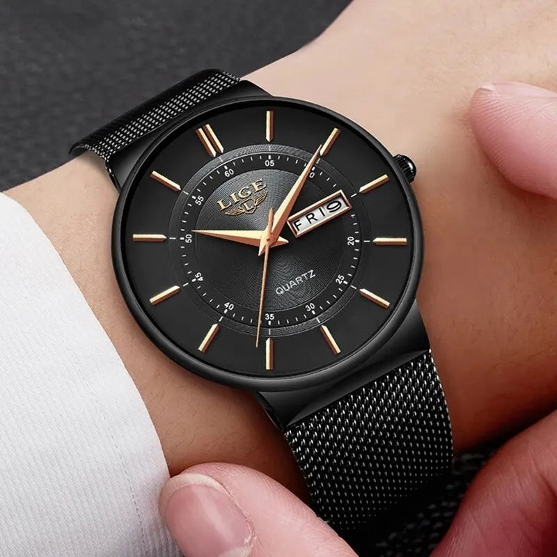 Stylish Luxury Ultra Thin Profile Waterproof Quartz Watch with Mesh Strap