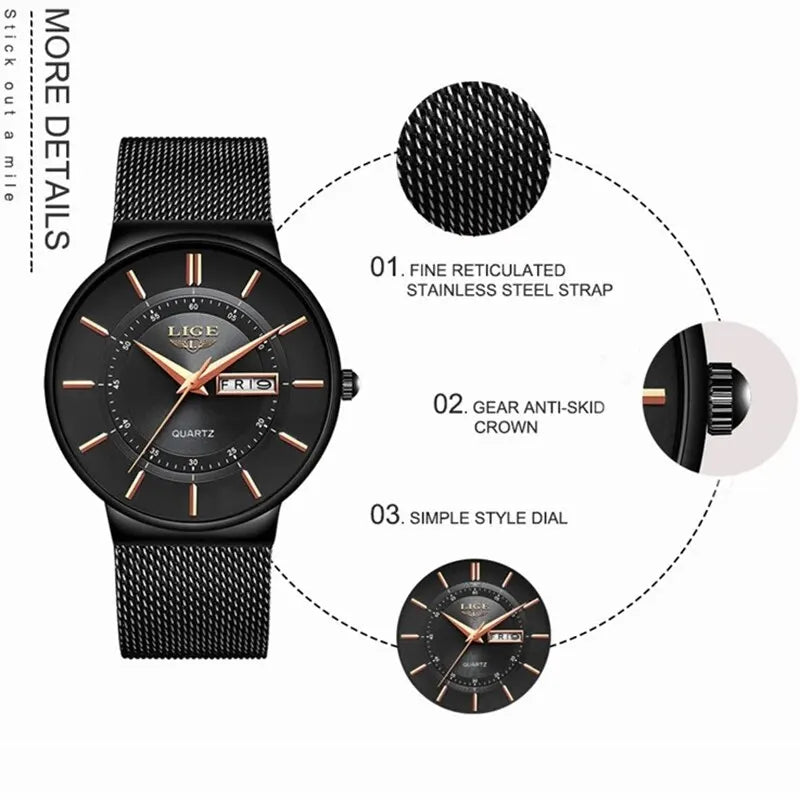 Stylish Luxury Ultra Thin Profile Waterproof Quartz Watch with Mesh Strap